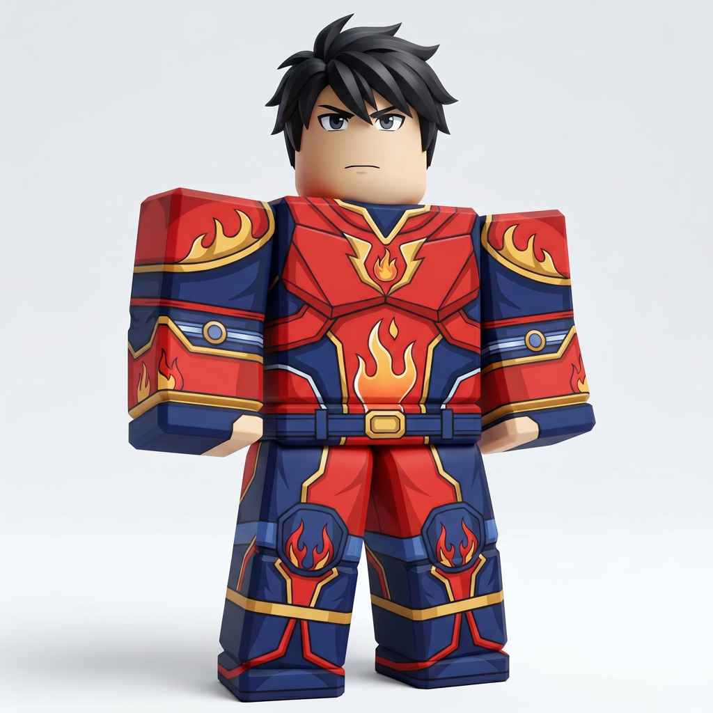 The same red and navy outfit wrapped onto a 3D block avatar