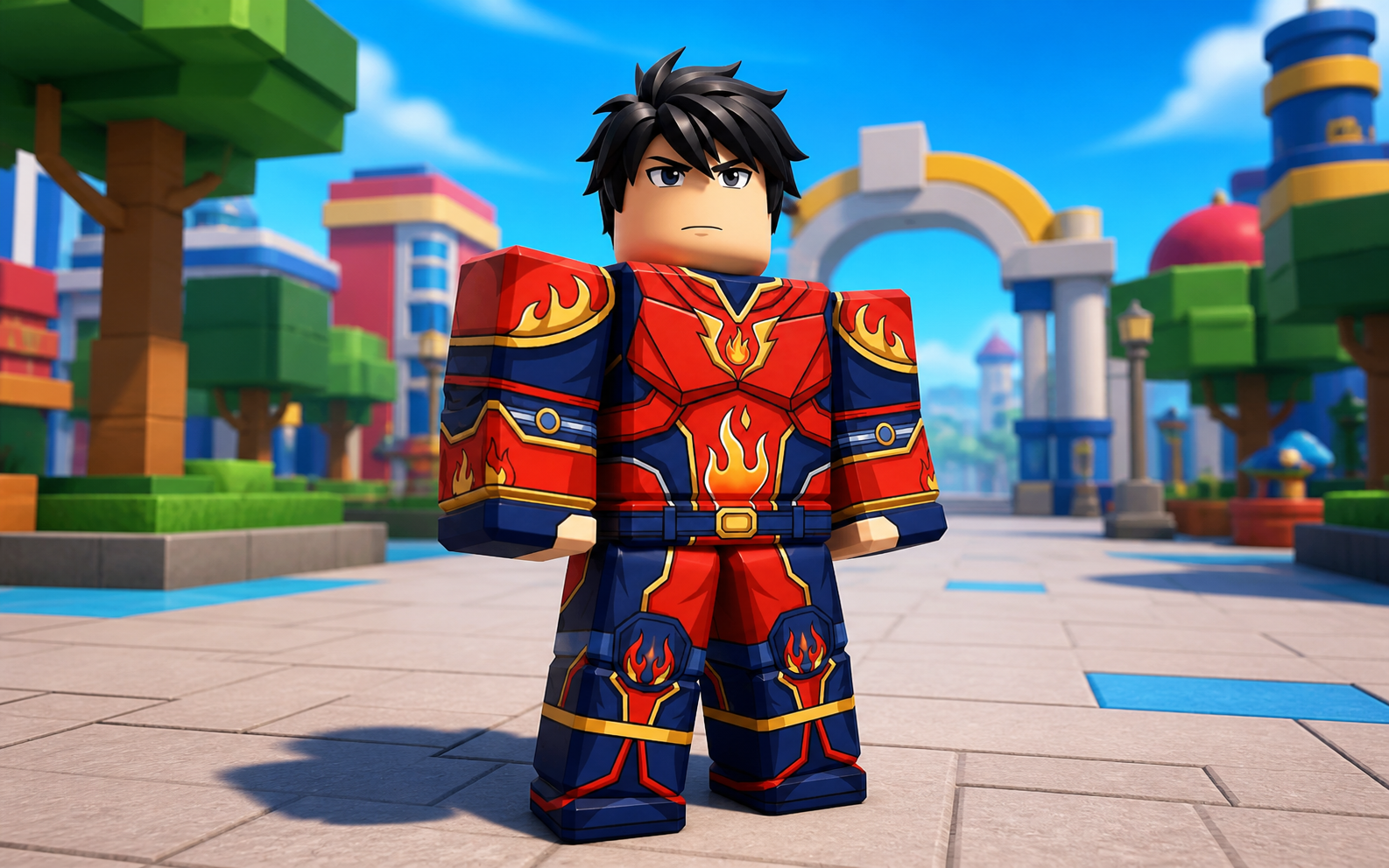 Red and navy flame hero outfit worn by a block avatar in a colorful game plaza